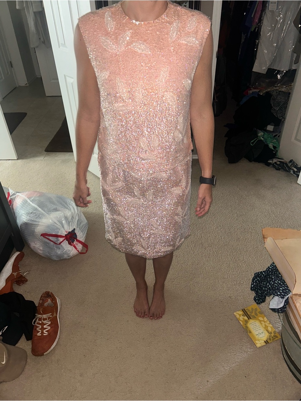 Neiman Marcus Trophy Room Blush Sequin Sleeveless Shift Dress